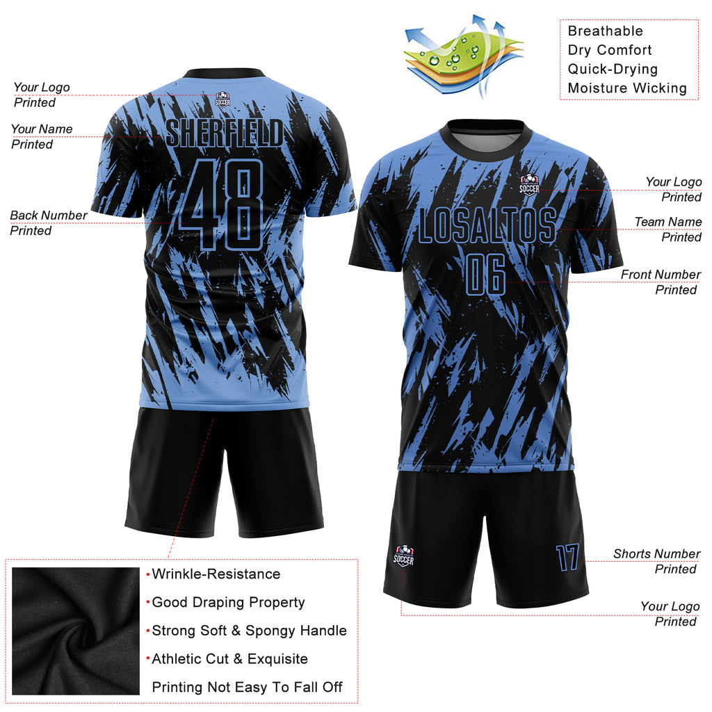 Custom Light Blue Black Sublimation Soccer Uniform Jersey
