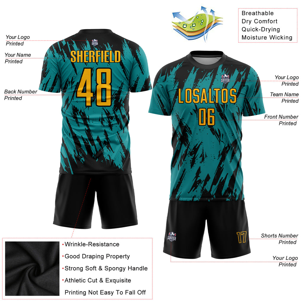 Custom Teal Gold Black Sublimation Soccer Uniform Jersey