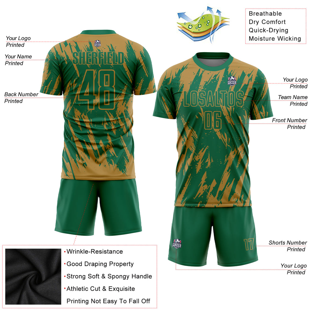 Custom Old Gold Kelly Green Sublimation Soccer Uniform Jersey