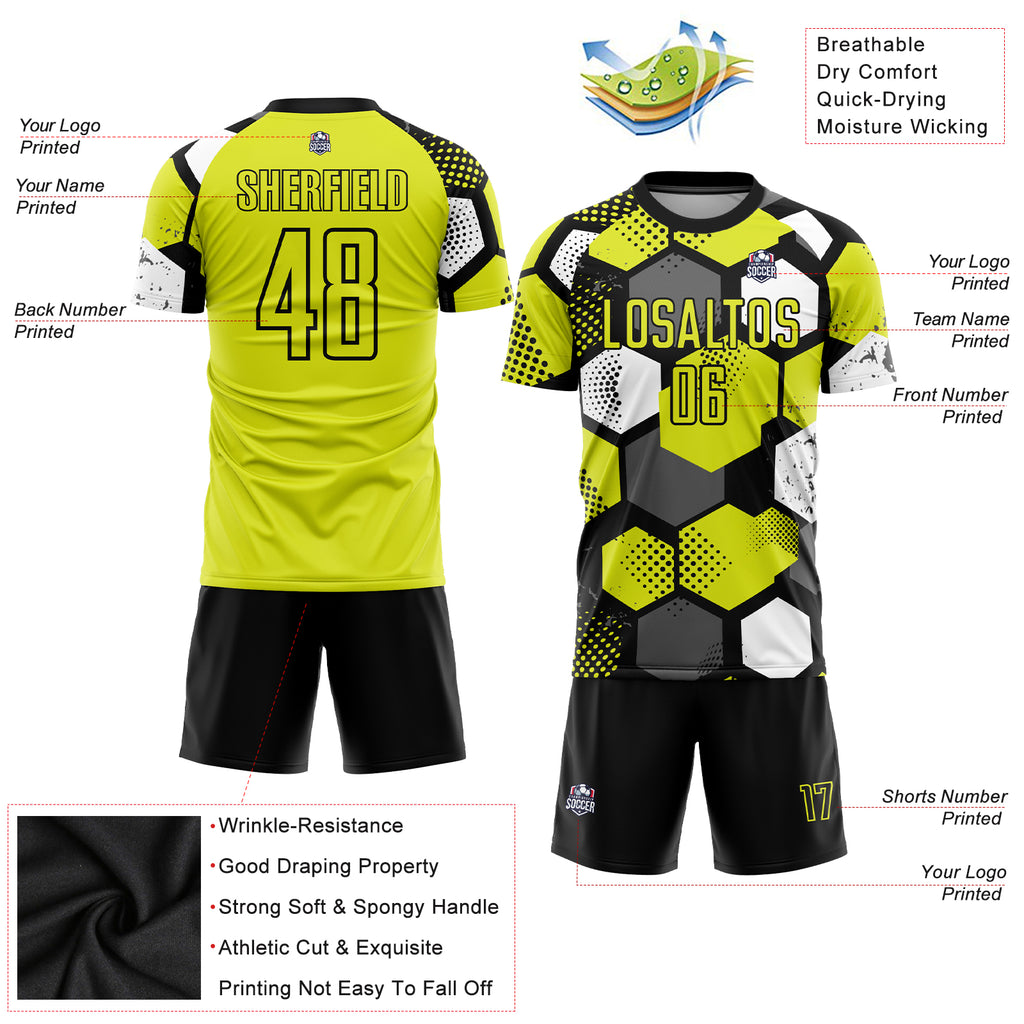 Custom Neon Yellow Black-White Sublimation Soccer Uniform Jersey