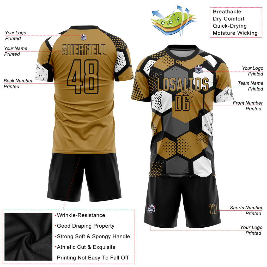 Custom Old Gold Black-White Sublimation Soccer Uniform Jersey