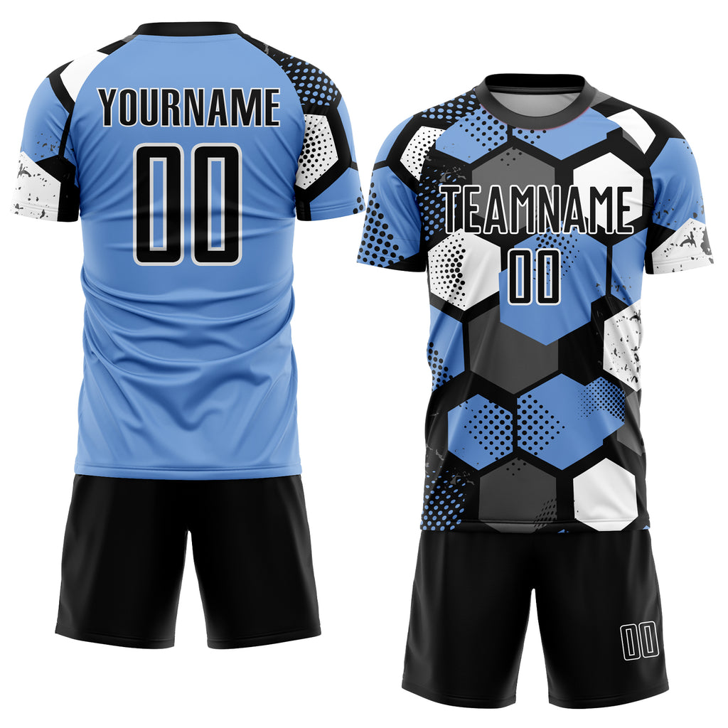 Custom Light Blue Black-White Sublimation Soccer Uniform Jersey