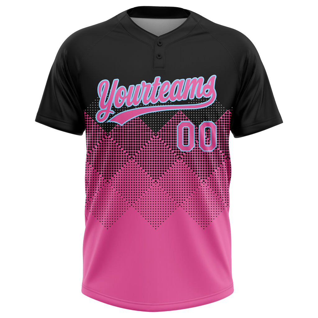 Custom Black Pink-Light Blue 3D Pattern Two-Button Unisex Softball Jersey