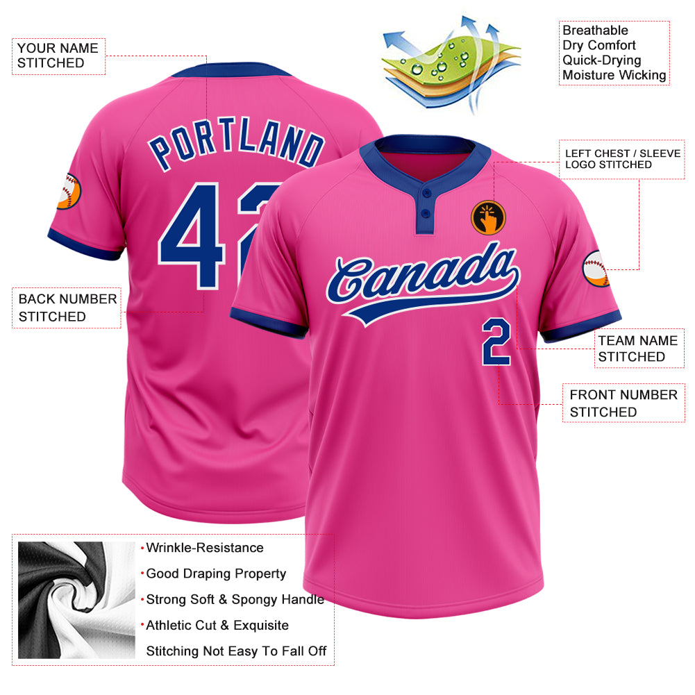 Custom Pink Royal-White Two-Button Unisex Softball Jersey