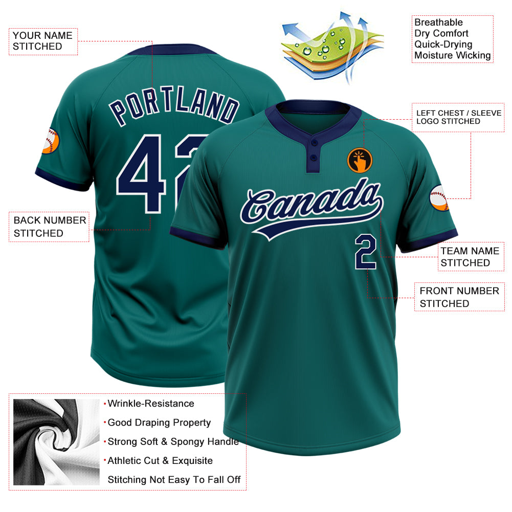 Custom Teal Navy-White Two-Button Unisex Softball Jersey