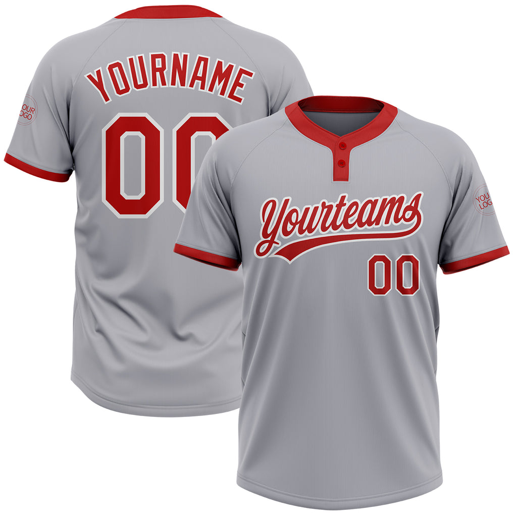 Custom Gray Red-White Two-Button Unisex Softball Jersey