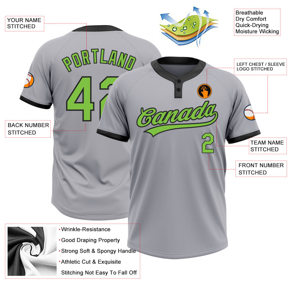 Custom Gray Neon Green-Black Two-Button Unisex Softball Jersey
