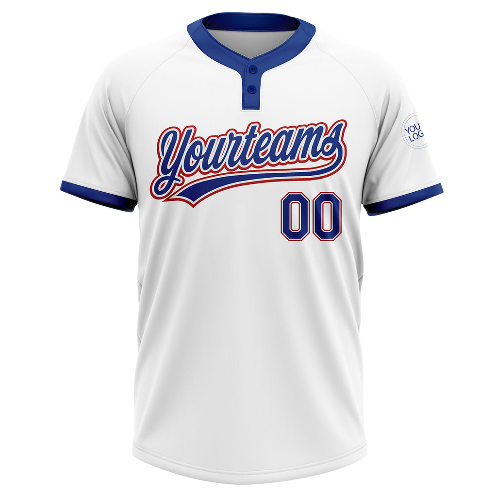 Custom White Royal-Red Two-Button Unisex Softball Jersey