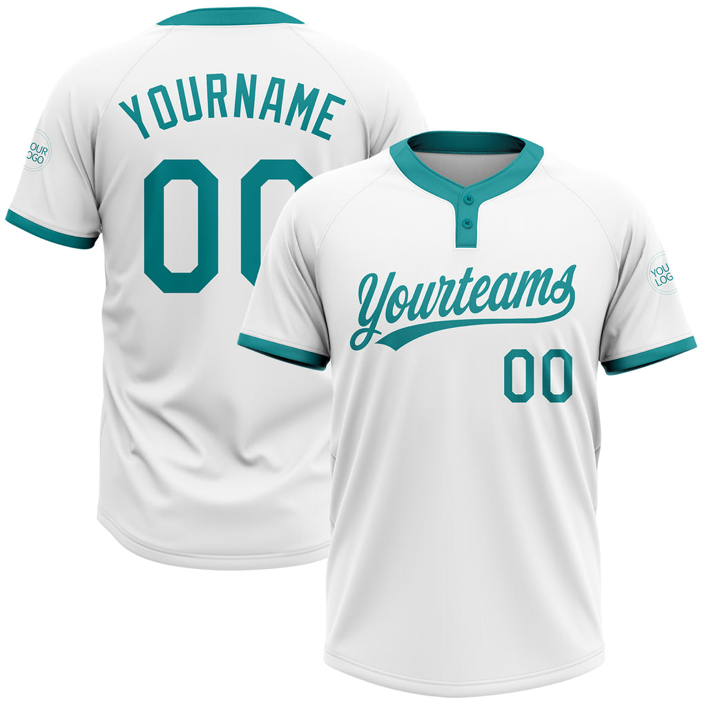 Custom White Teal Two-Button Unisex Softball Jersey