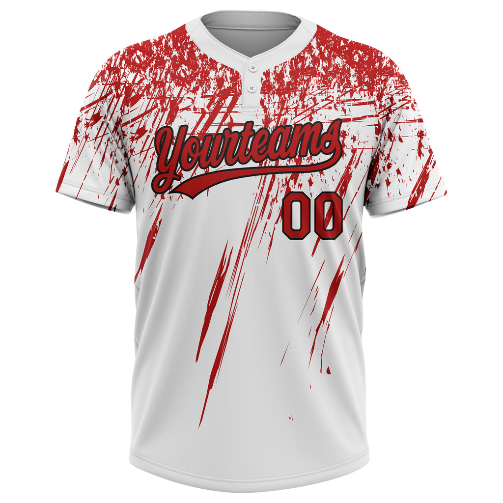 Custom White Red-Black 3D Pattern Two-Button Unisex Softball Jersey