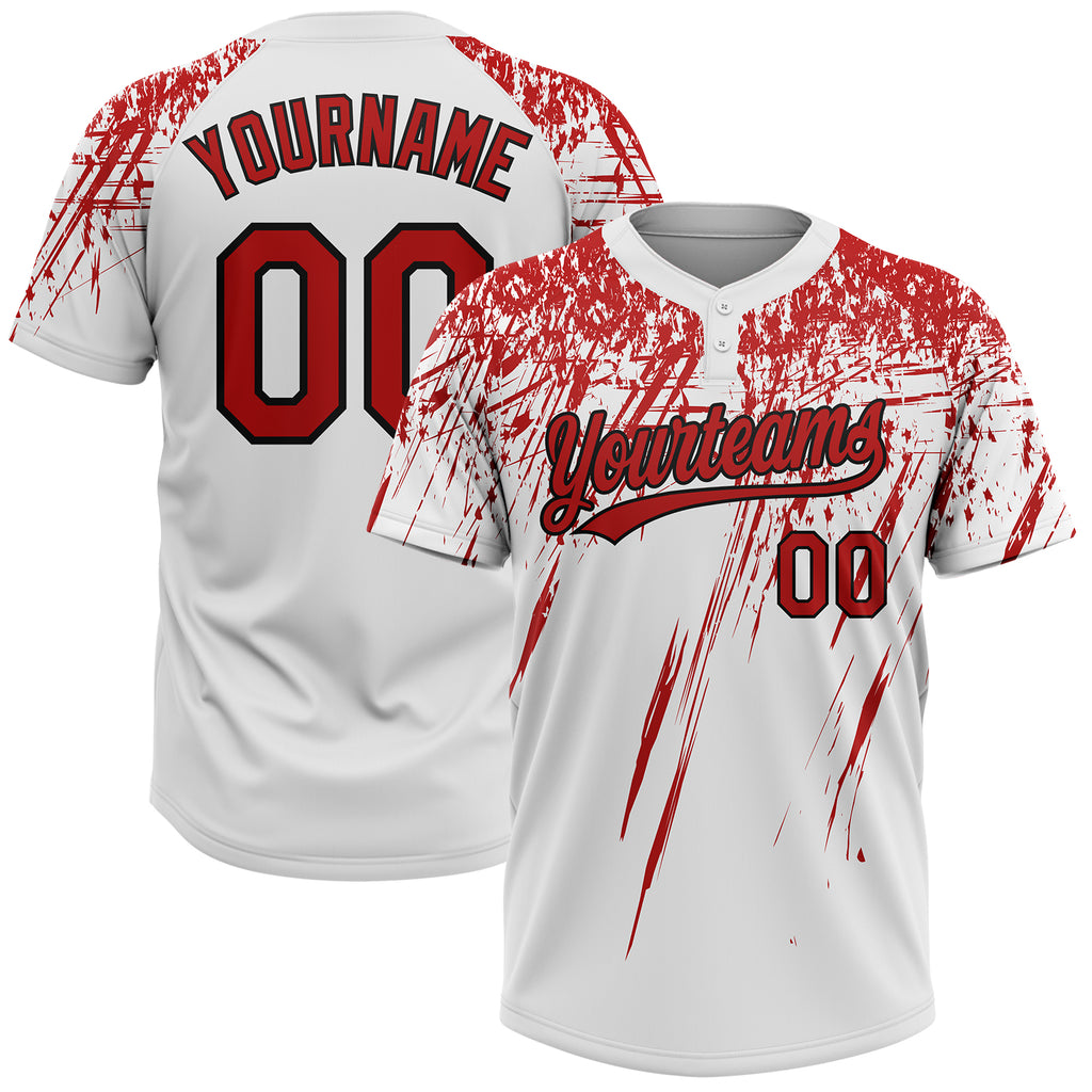 Custom White Red-Black 3D Pattern Two-Button Unisex Softball Jersey