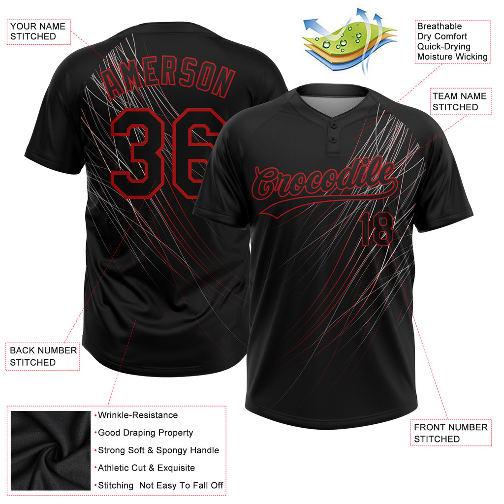 Custom Black Black-Red 3D Pattern Two-Button Unisex Softball Jersey