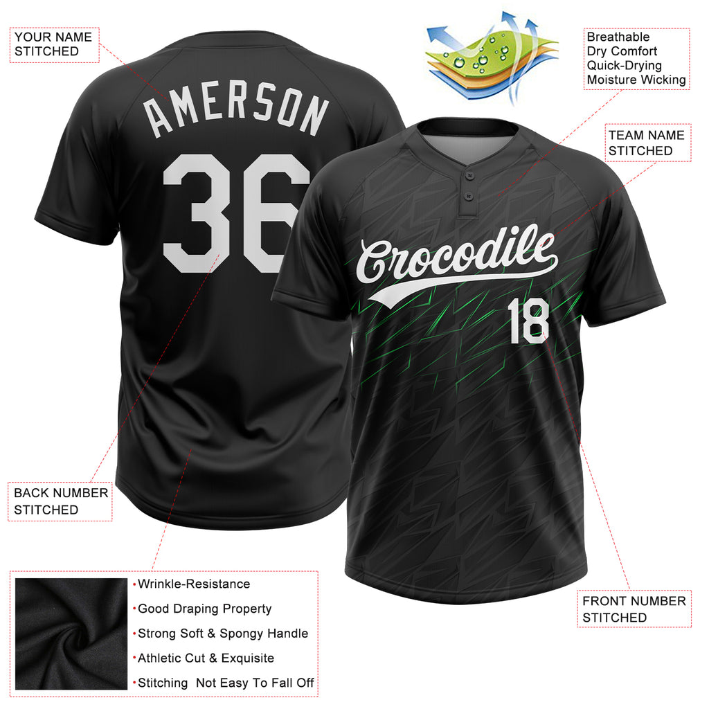 Custom Black White-Neon Green 3D Pattern Two-Button Unisex Softball Jersey