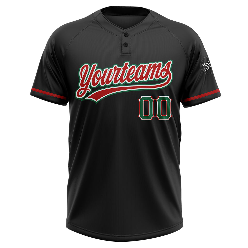 Custom Black Kelly Green-Red Two-Button Unisex Softball Jersey
