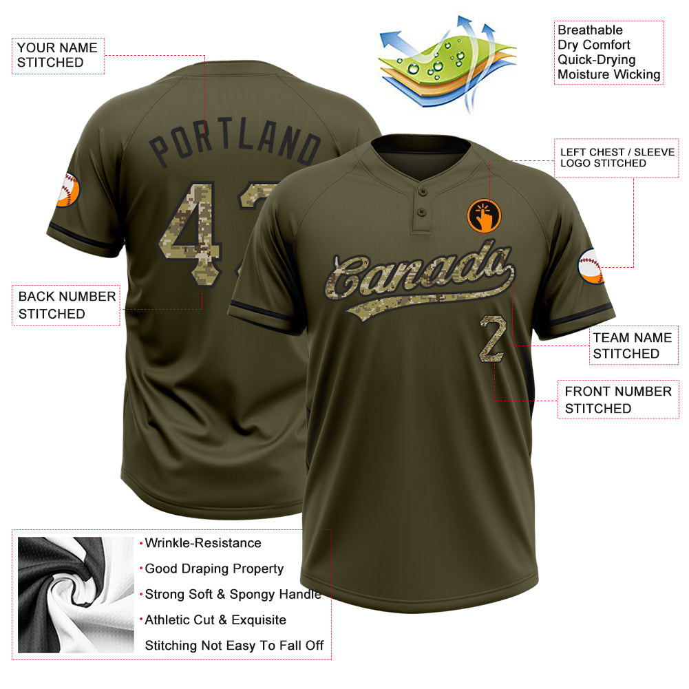 Custom Olive Camo-Black Salute To Service Two-Button Unisex Softball Jersey