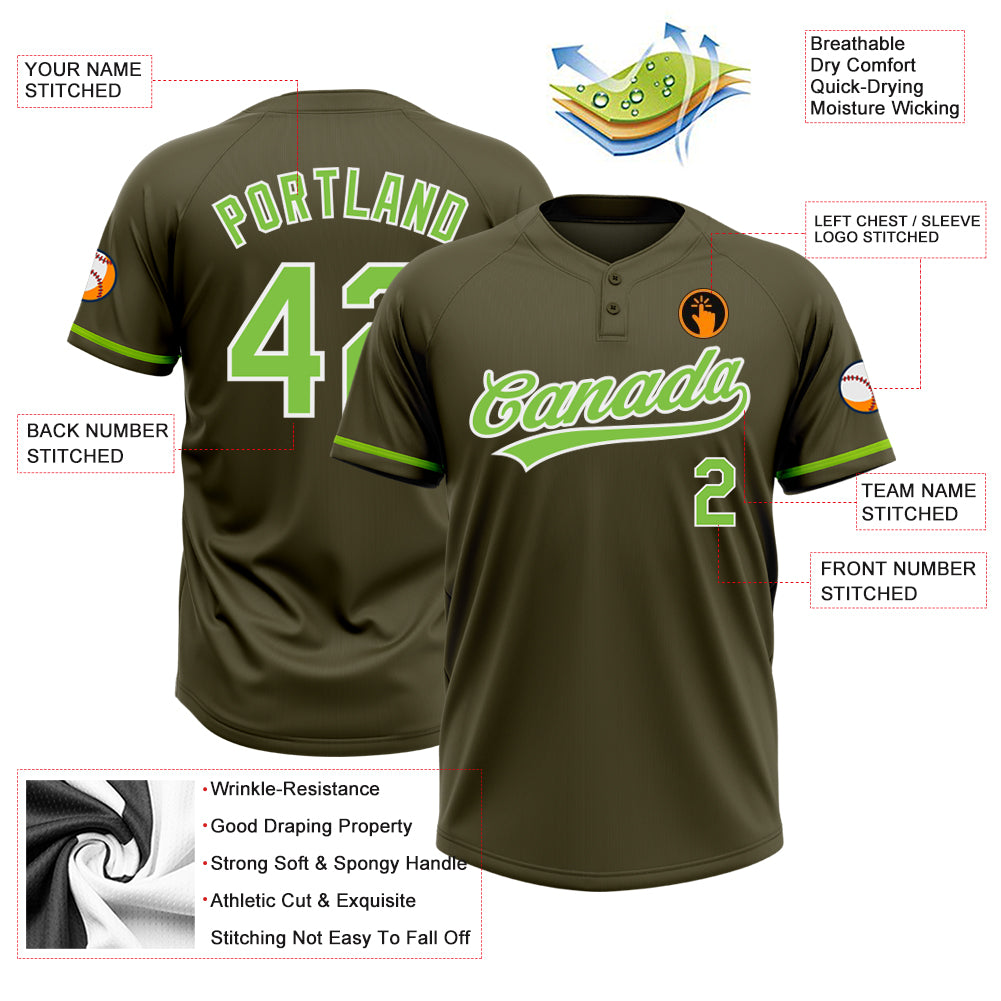 Custom Olive Neon Green-White Salute To Service Two-Button Unisex Softball Jersey