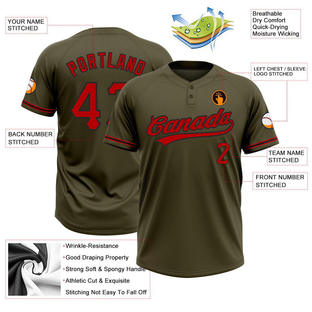 Custom Olive Red-Black Salute To Service Two-Button Unisex Softball Jersey