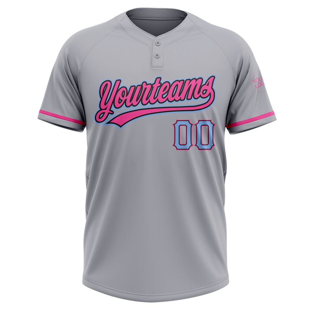 Custom Gray Light Blue Black-Pink Two-Button Unisex Softball Jersey