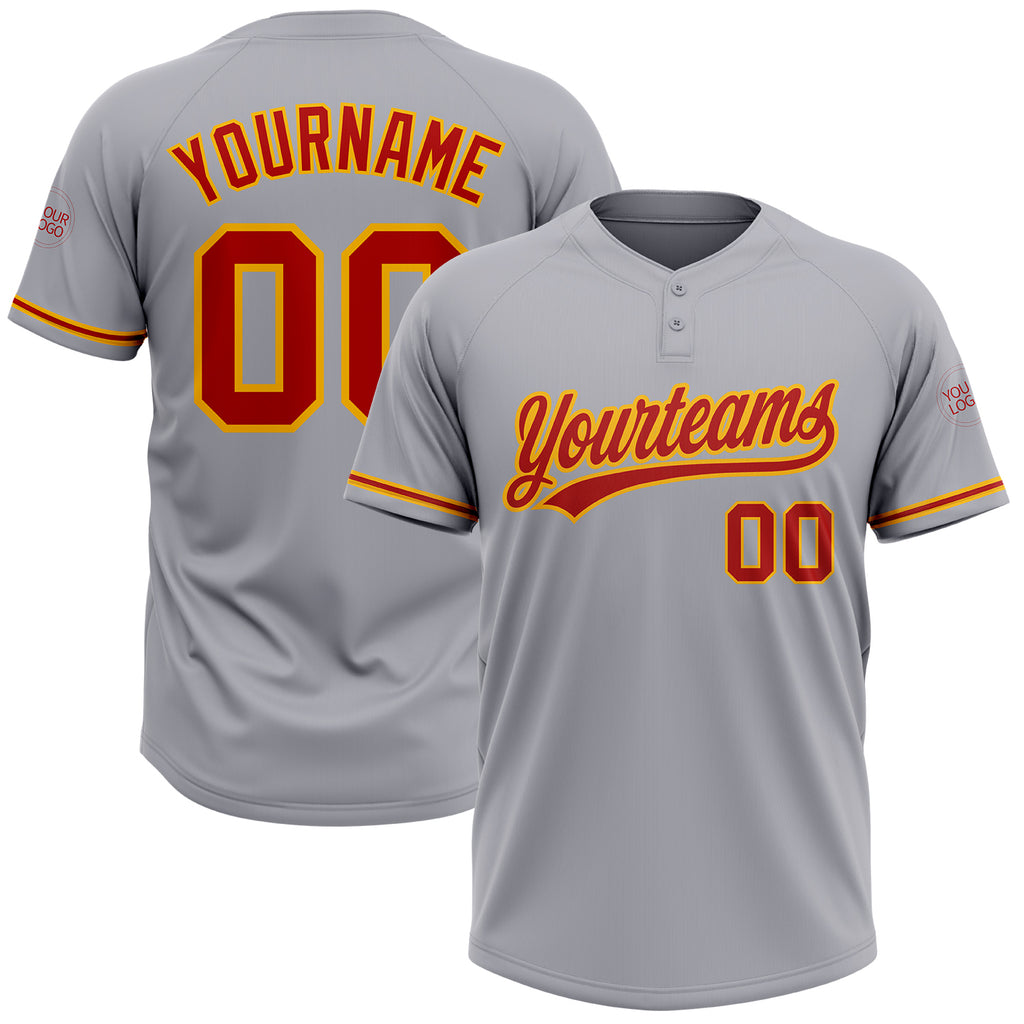 Custom Gray Red-Gold Two-Button Unisex Softball Jersey
