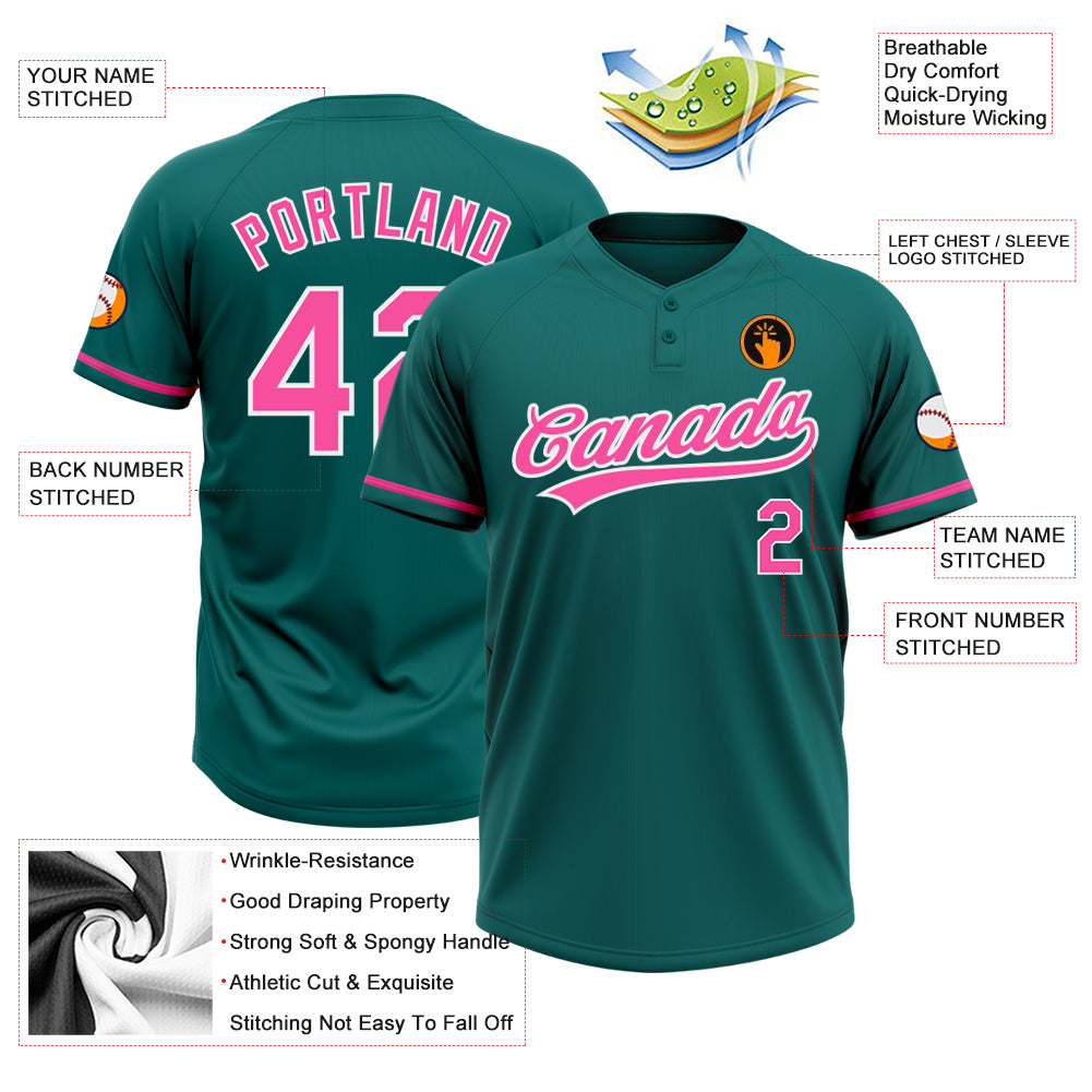 Custom Teal Pink-White Two-Button Unisex Softball Jersey