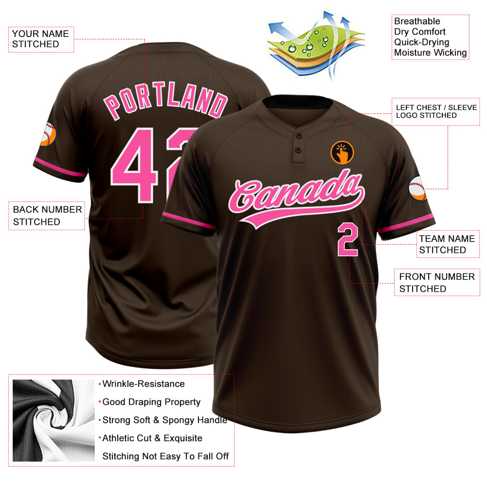 Custom Brown Pink-White Two-Button Unisex Softball Jersey