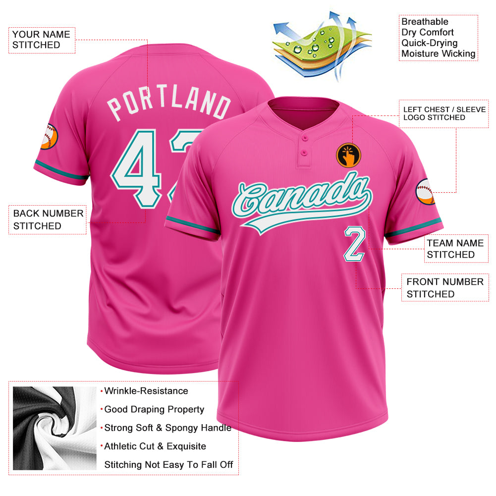 Custom Pink White-Teal Two-Button Unisex Softball Jersey