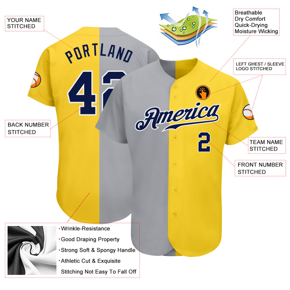 Custom Yellow Navy Gray-White Authentic Split Fashion Baseball Jersey