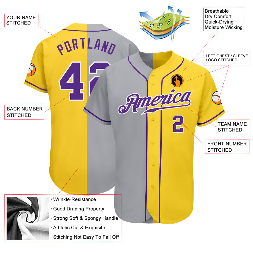 Custom Yellow Purple Gray-White Authentic Split Fashion Baseball Jersey