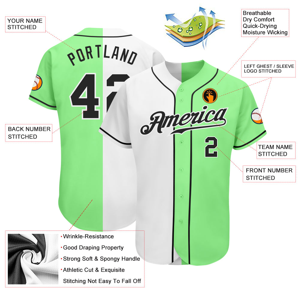 Custom Pea Green Black-White Authentic Split Fashion Baseball Jersey