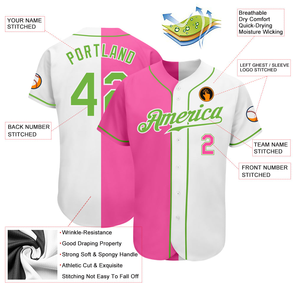 Custom White Neon Green-Pink Authentic Split Fashion Baseball Jersey