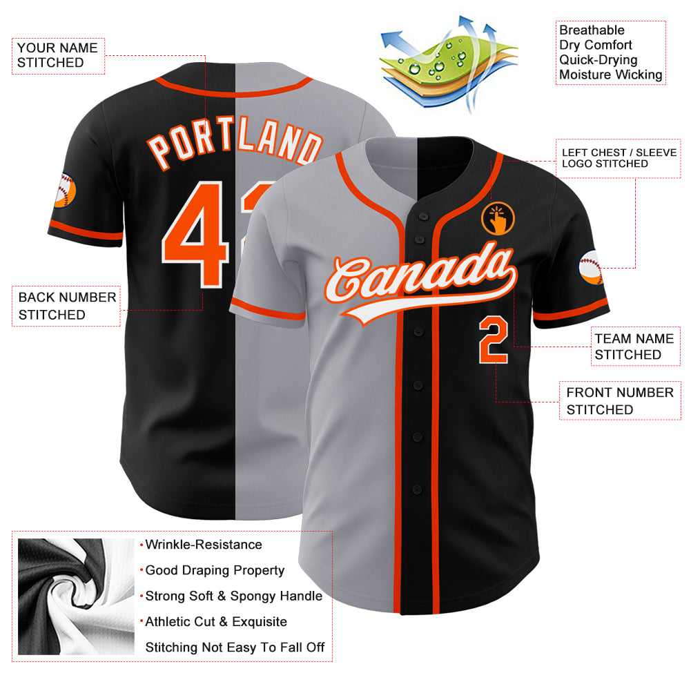 Custom Black Orange-Gray Authentic Split Fashion Baseball Jersey