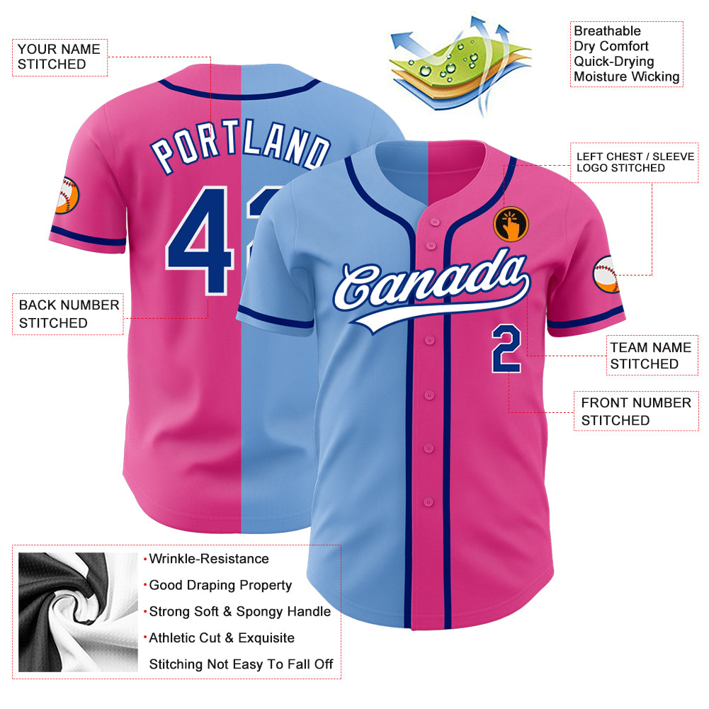 Custom Pink Royal-Light Blue Authentic Split Fashion Baseball Jersey