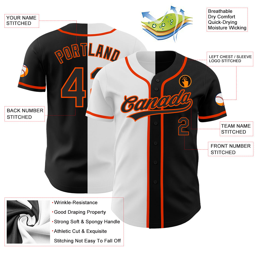 Custom Black Black White-Orange Authentic Split Fashion Baseball Jersey