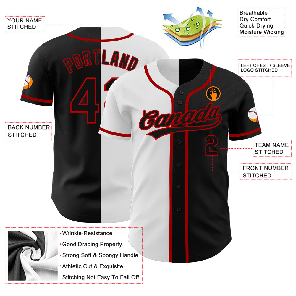 Custom Black Black White-Red Authentic Split Fashion Baseball Jersey