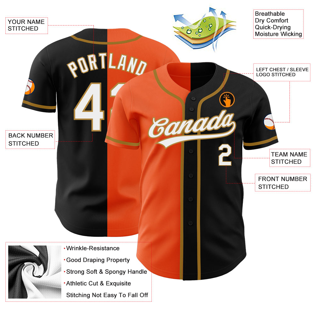 Custom Black White Orange-Old Gold Authentic Split Fashion Baseball Jersey