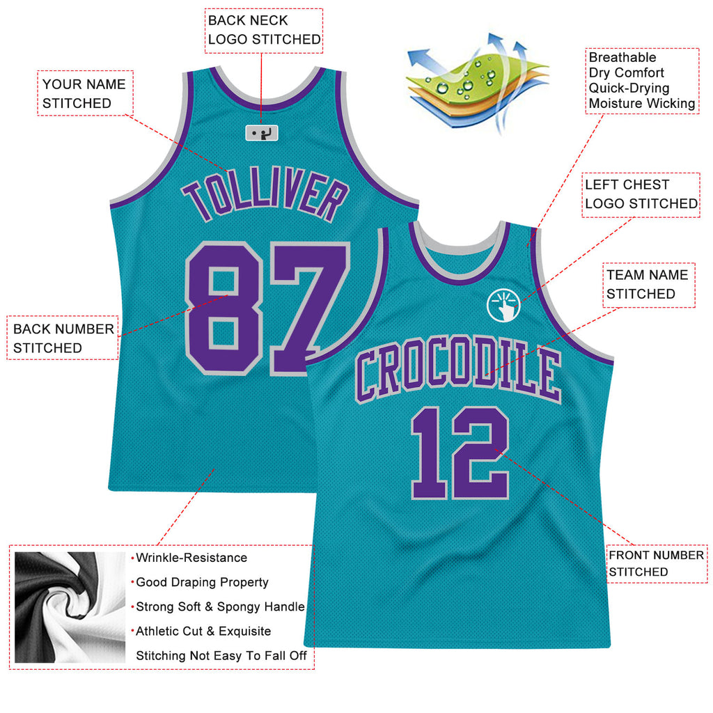 Custom Teal Purple-Gray Authentic Throwback Basketball Jersey