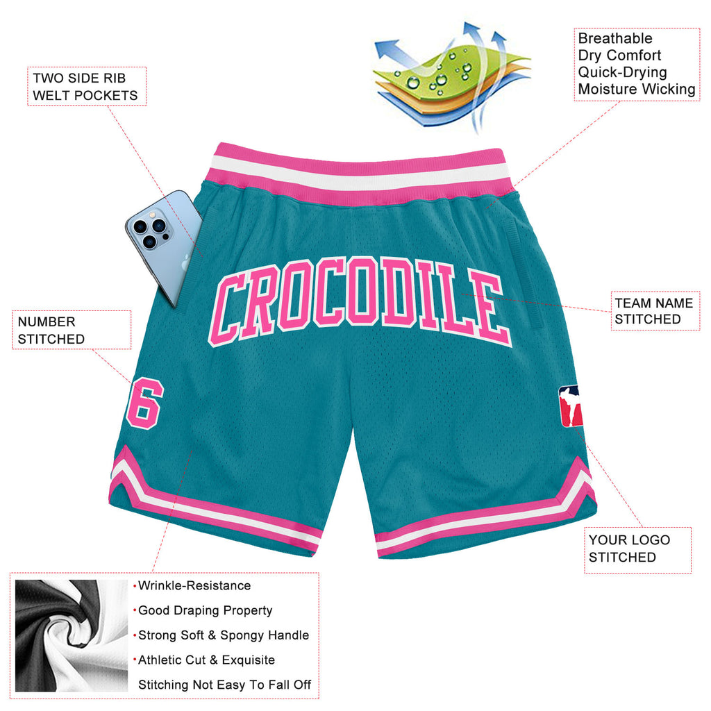 Custom Teal Pink-White Authentic Throwback Basketball Shorts