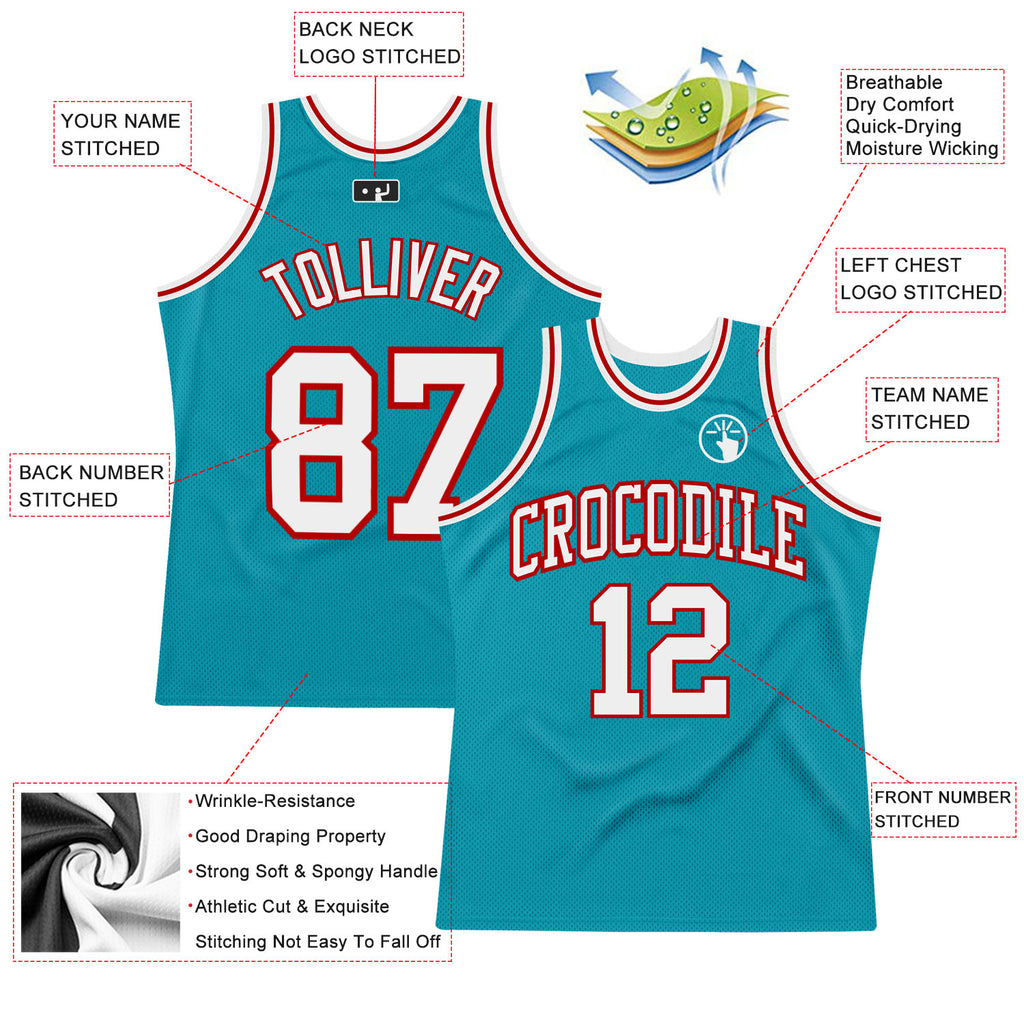 Custom Teal White-Red Authentic Throwback Basketball Jersey