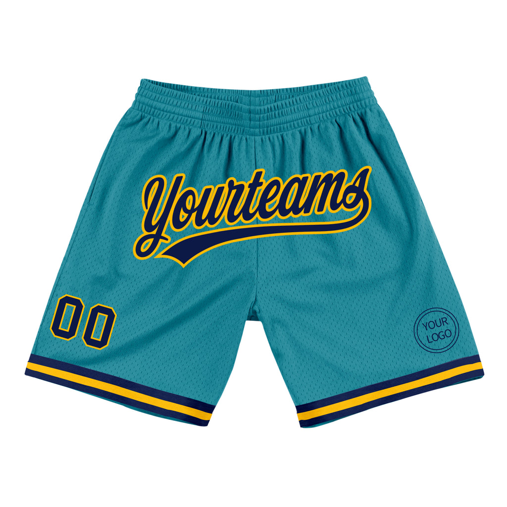 Custom Teal Navy-Gold Authentic Throwback Basketball Shorts