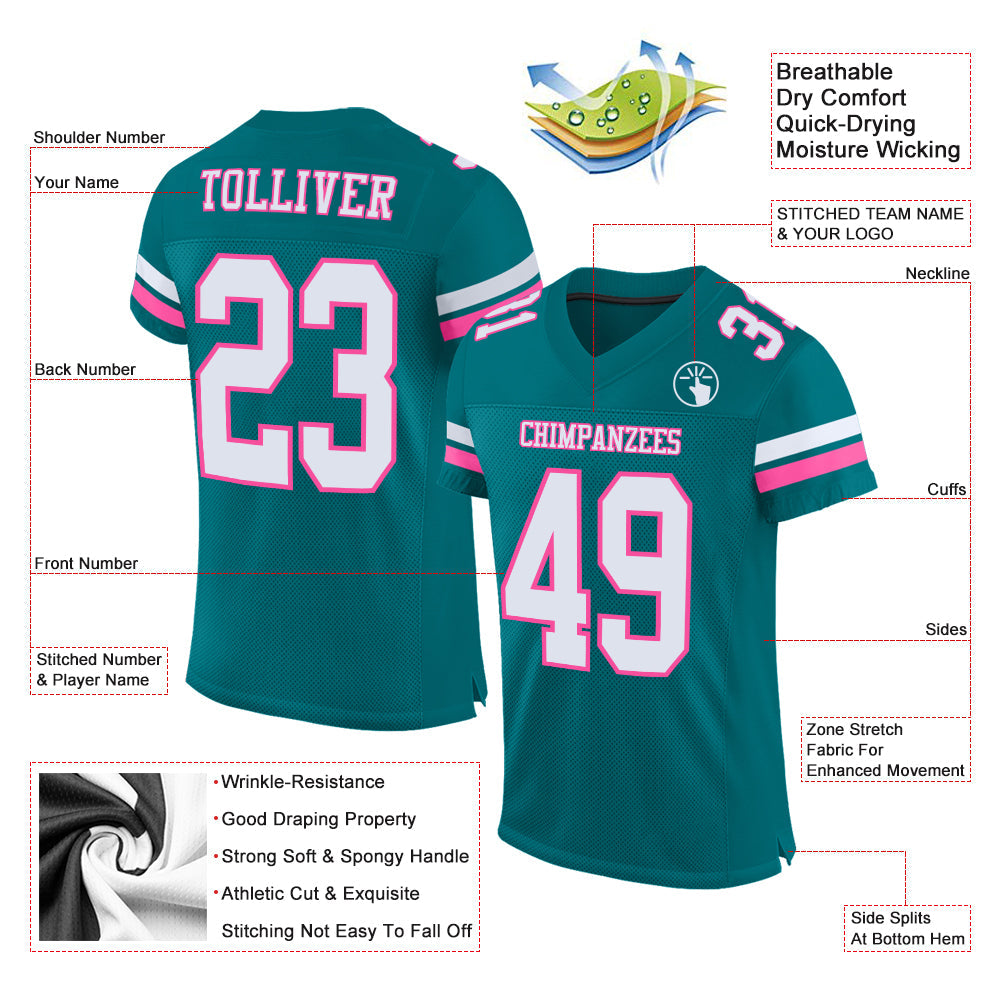 Custom Teal White-Pink Mesh Authentic Football Jersey