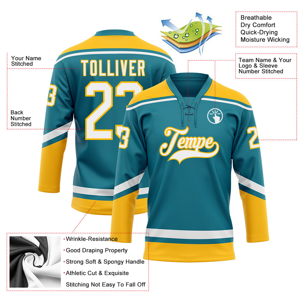 Custom Teal White-Gold Hockey Lace Neck Jersey