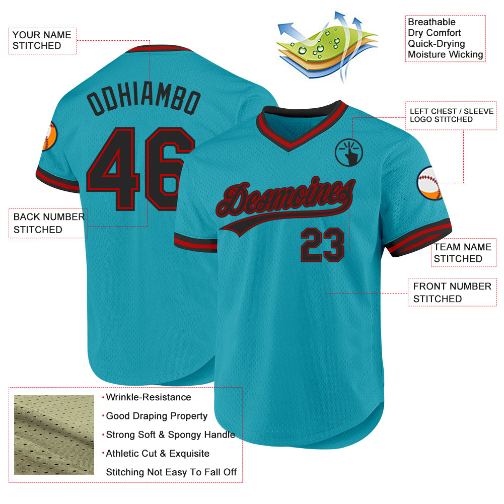 Custom Teal Black-Red Authentic Throwback Baseball Jersey