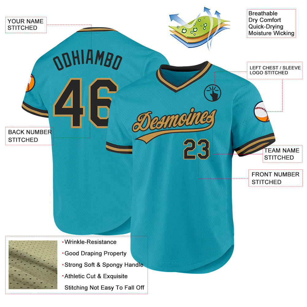 Custom Teal Black-Old Gold Authentic Throwback Baseball Jersey