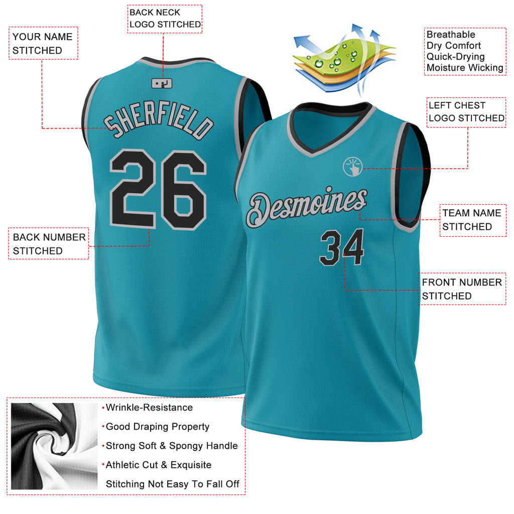 Custom Teal Black-Gray Authentic Throwback Basketball Jersey