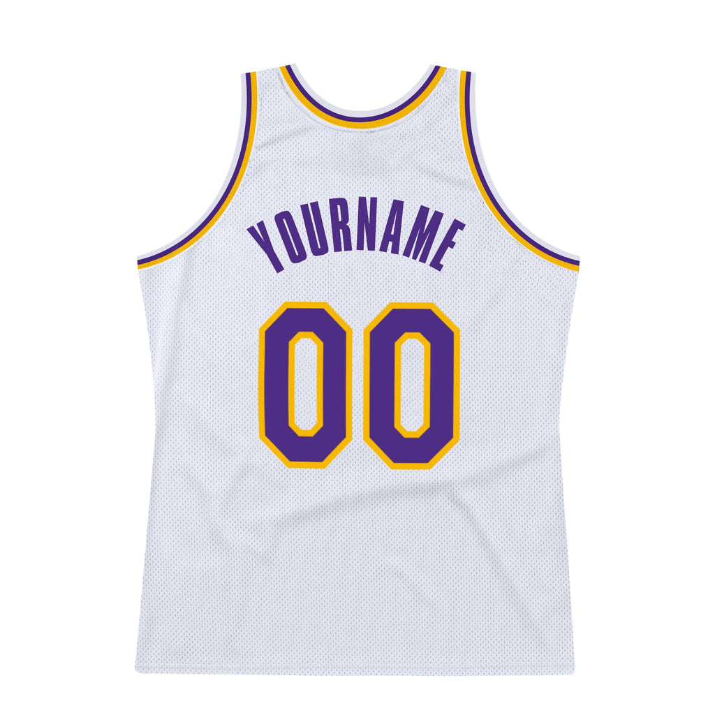 Custom White Purple-Gold Authentic Throwback Basketball Jersey