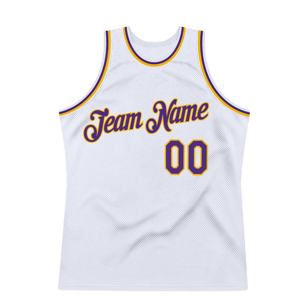 Custom White Purple-Gold Authentic Throwback Basketball Jersey