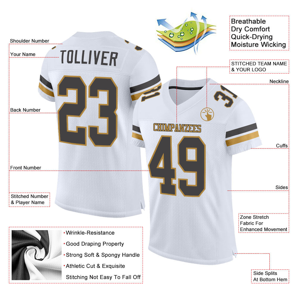 Custom White Steel Gray-Old Gold Mesh Authentic Football Jersey