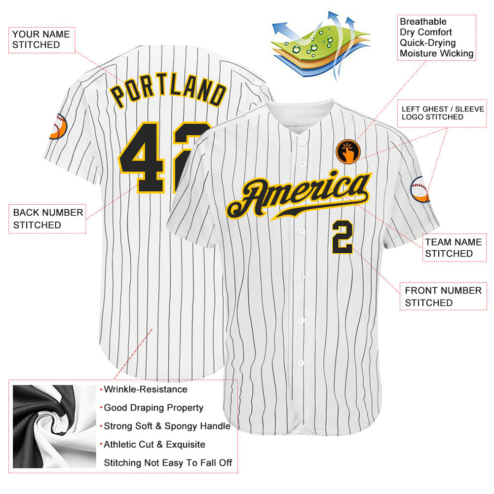 Custom White Black Pinstripe Black-Gold Authentic Baseball Jersey