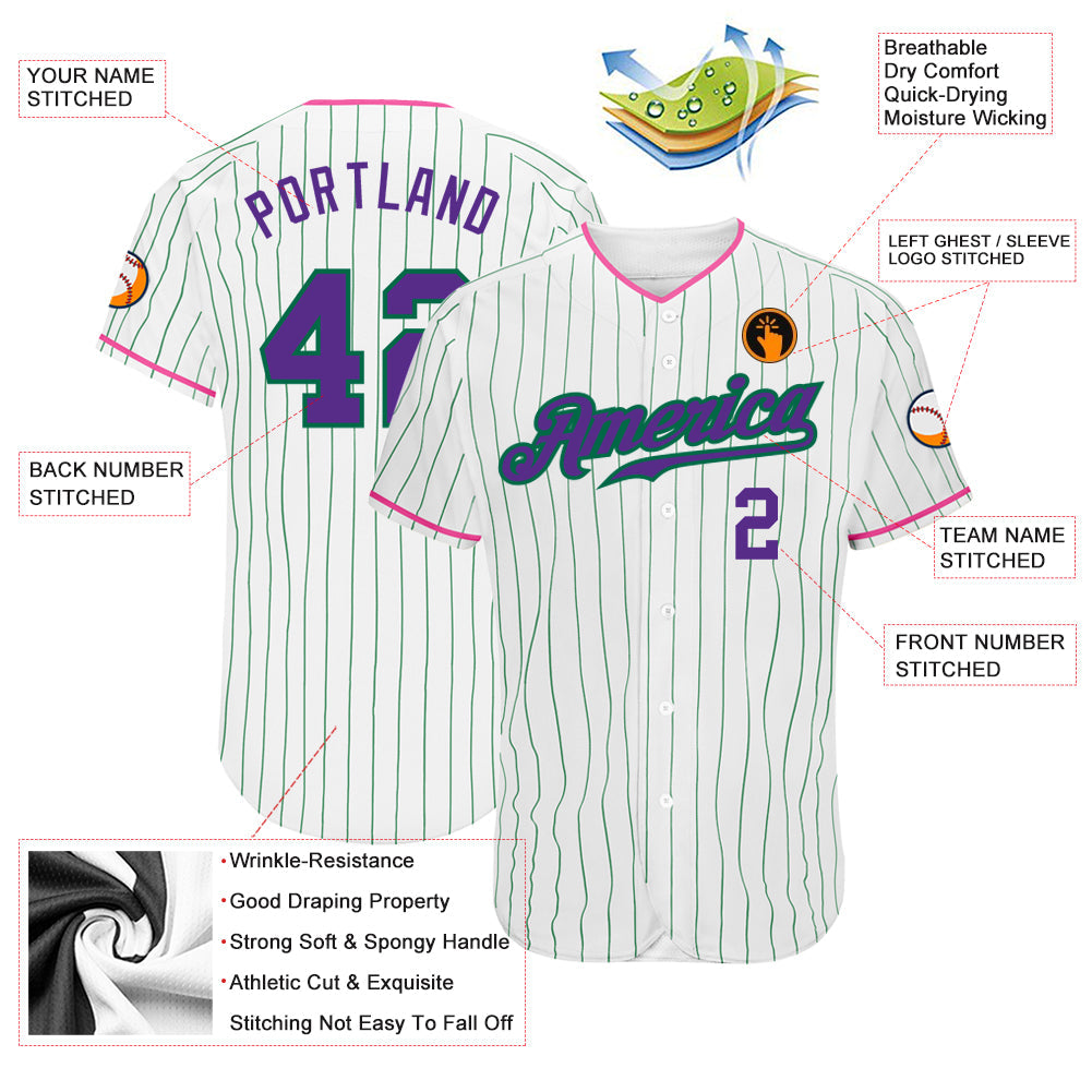 Custom White Kelly Green Pinstripe Purple-Pink Authentic Baseball Jersey