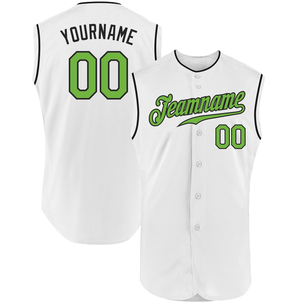 Custom White Neon Green-Black Authentic Sleeveless Baseball Jersey